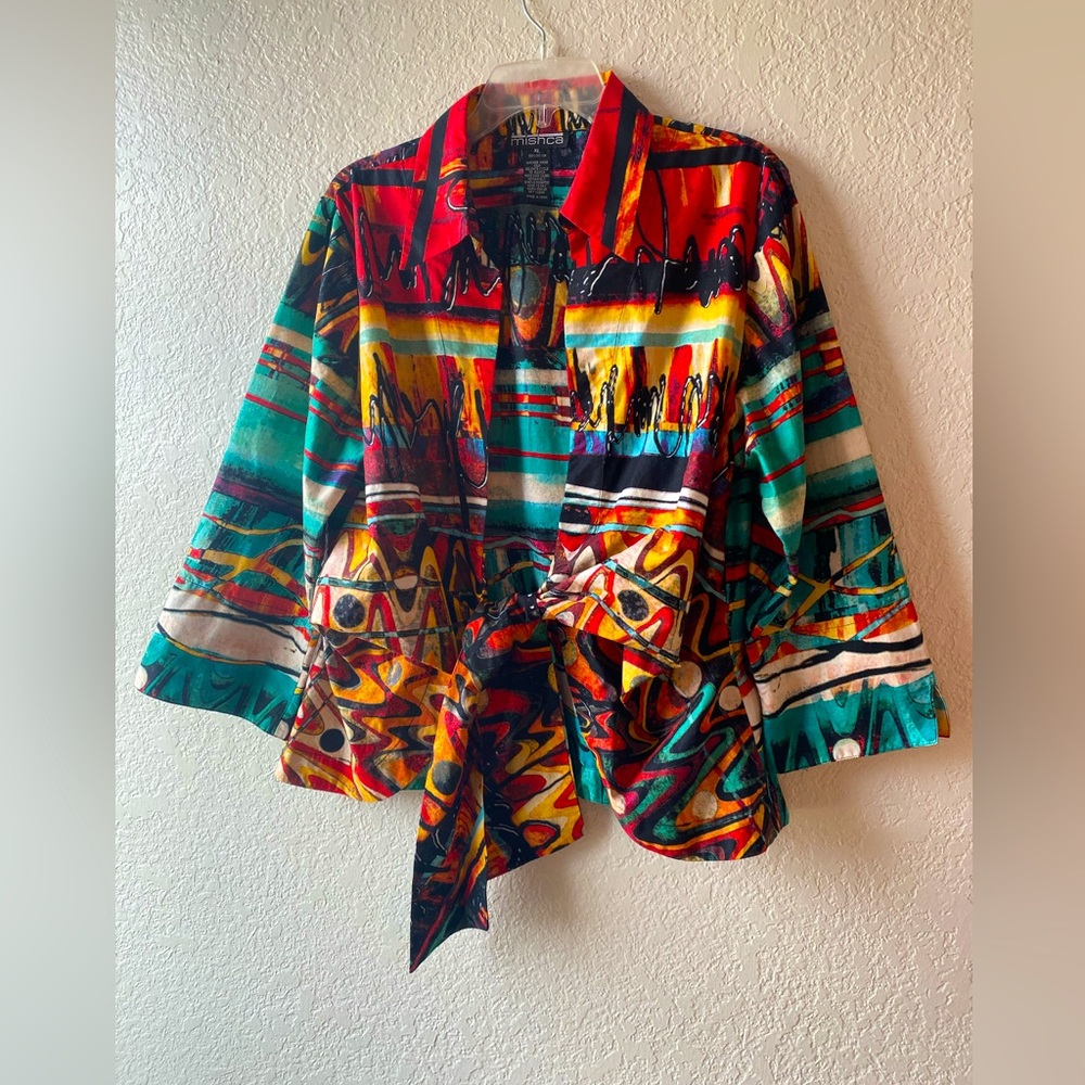 Mishca Top Womens XL Colorful Open Front Tie Collar Bold Print Art Blouse Blue